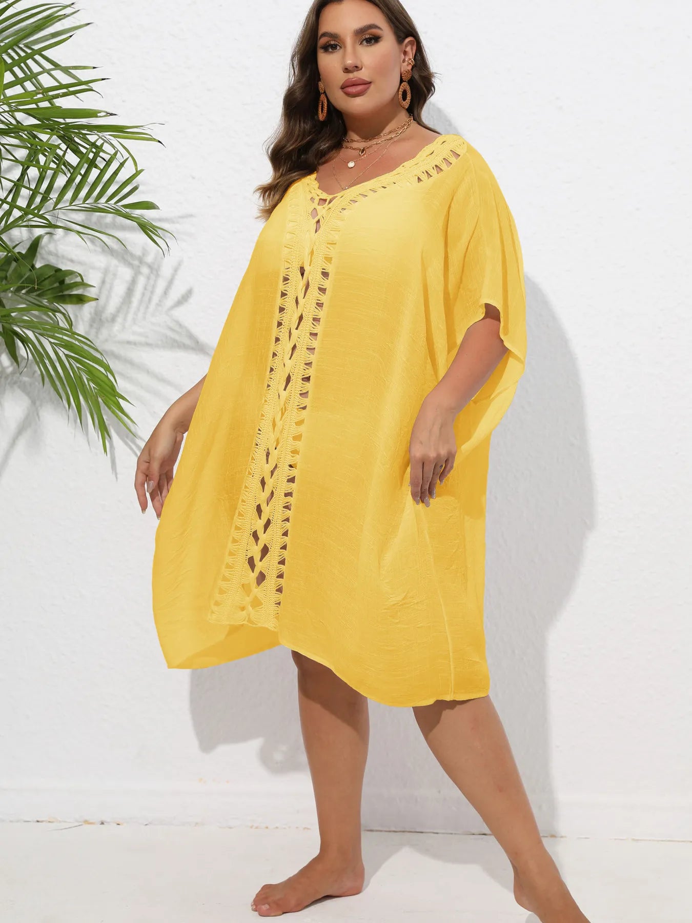 Crochet Trim V-Neck Beach Cover Up Dress - adritiX