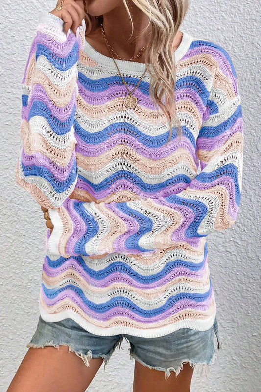 Contrast Wave Stripe Long Sleeve Sweater - adritiX