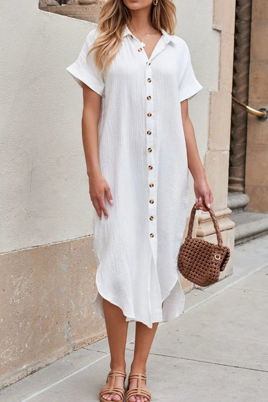 Button Down Short Sleeve Midi Shirt Dress - adritiX