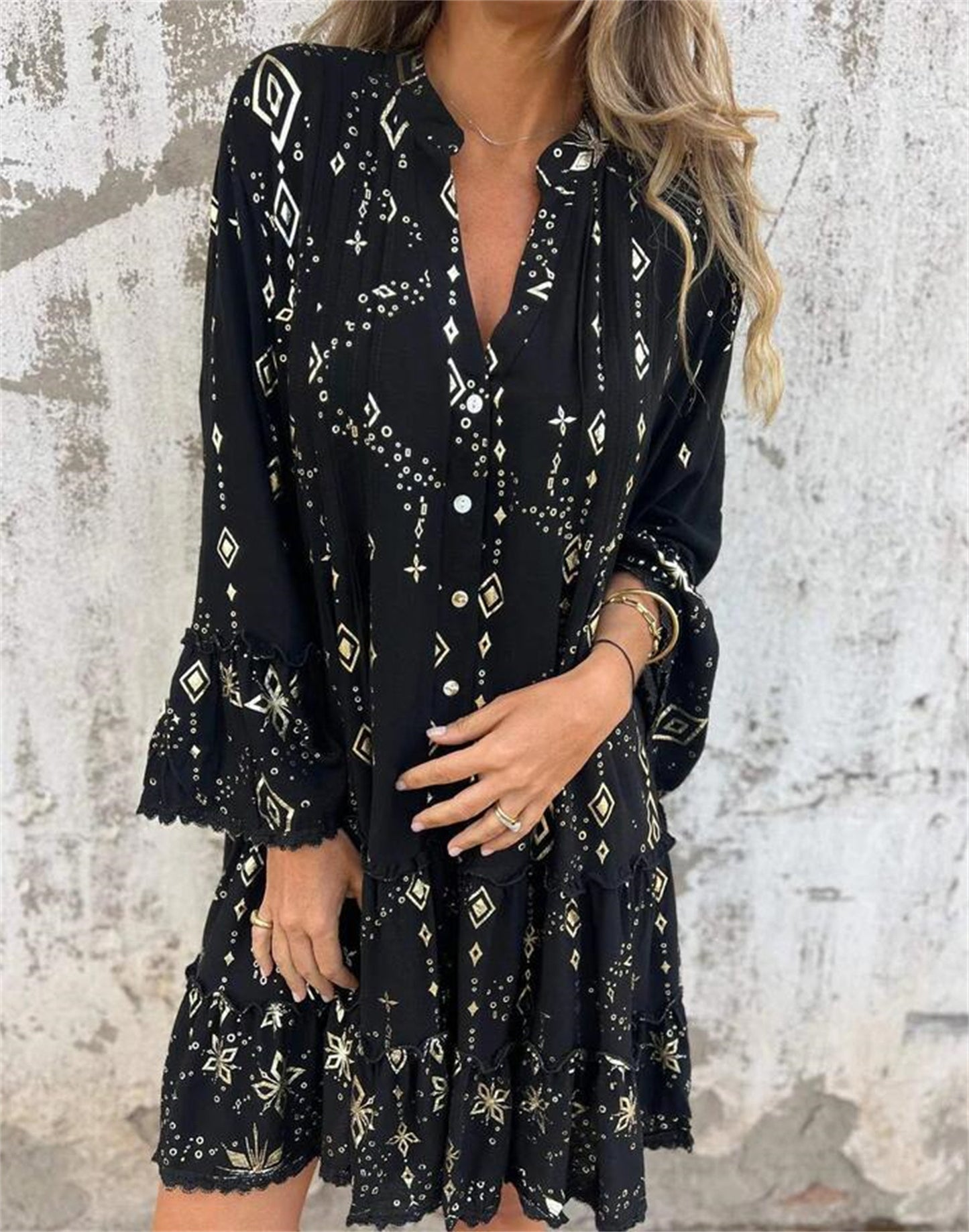 Elegant Bronzing Fashion Horn Lace Sleeve Hollow Dress - adritiX