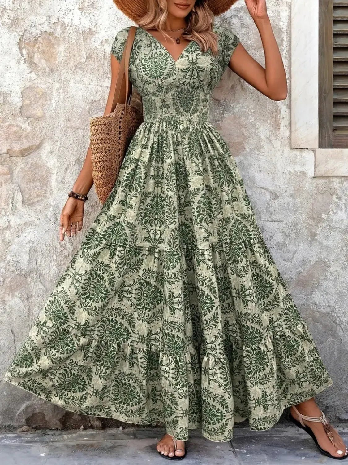 Vintage Floral Cap Sleeve Maxi Dress - adritiX