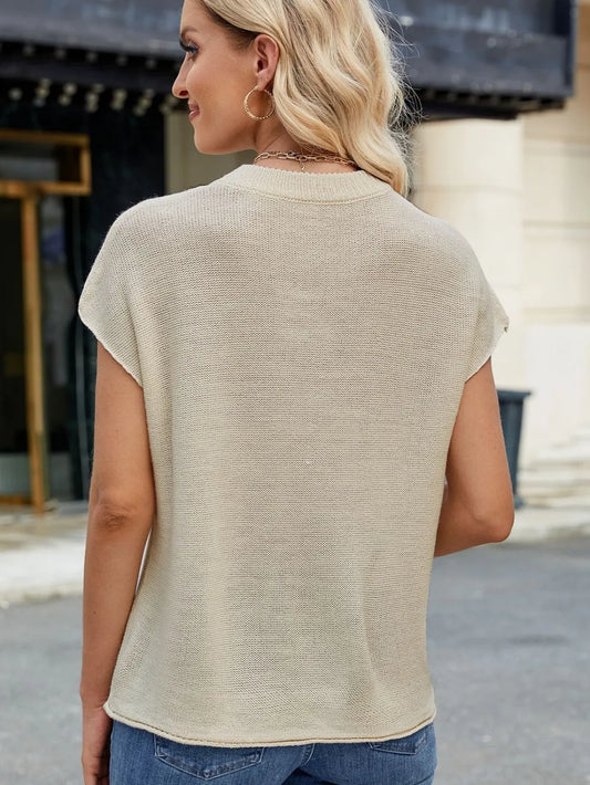 Exposed Seam Round Neck Short Sleeve Sweater - adritiX