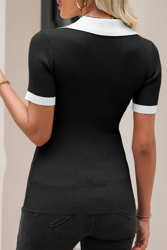 Contrast Collared Neck Ribbed Knit Top - adritiX