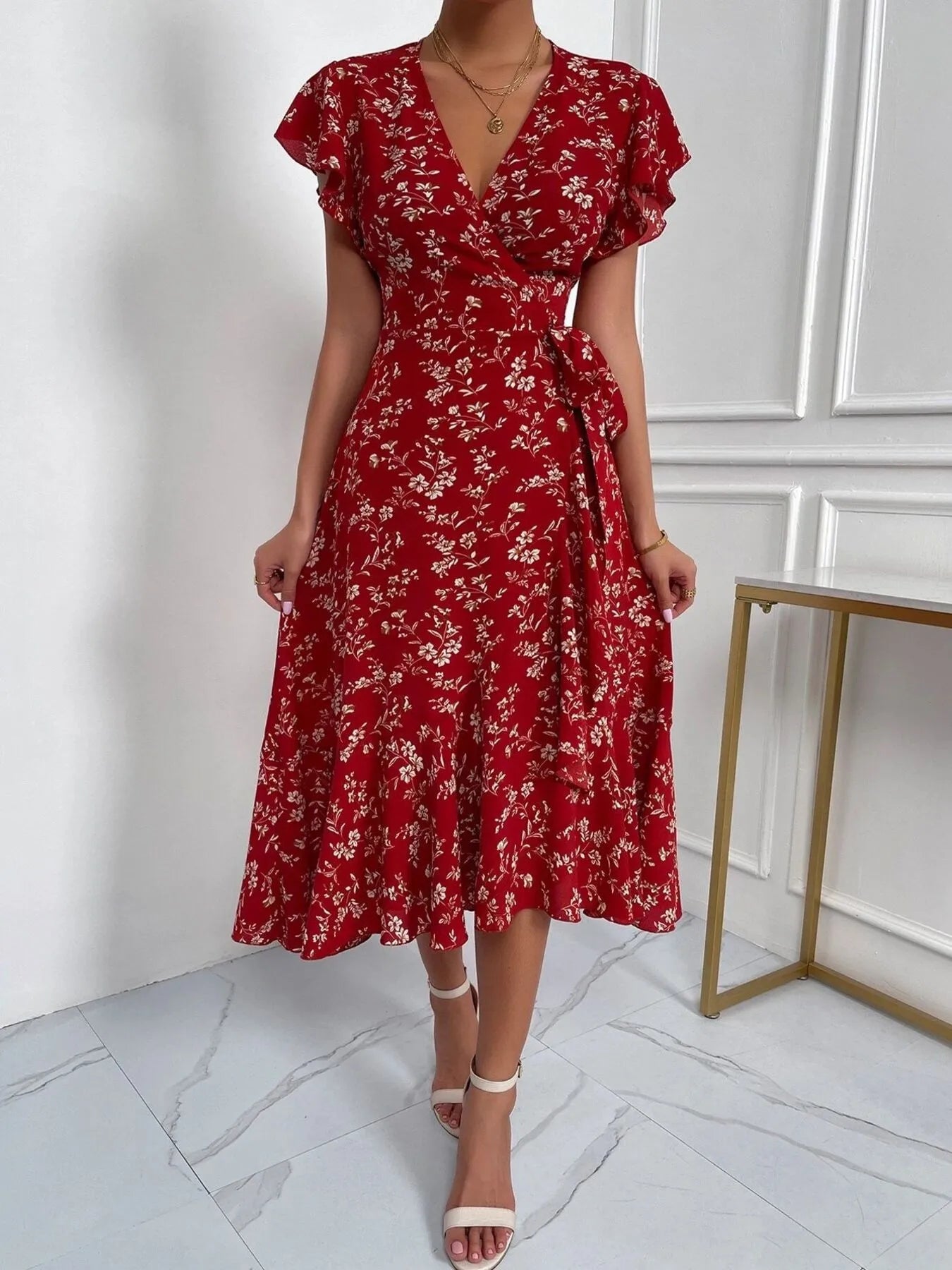 Floral Ruffle Sleeves Midi Dress - adritiX
