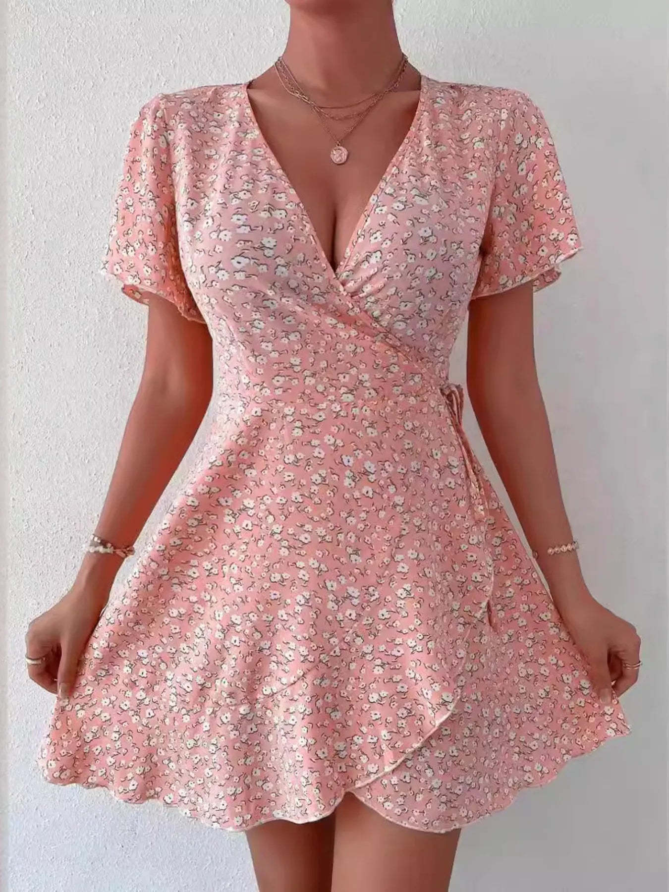 Floral Flutter Sleeve Wrap Mini Dress - adritiX