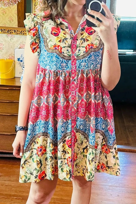 Floral Mixed Pattern Ruffle Flutter Sleeve Buttoned Dress - adritiX