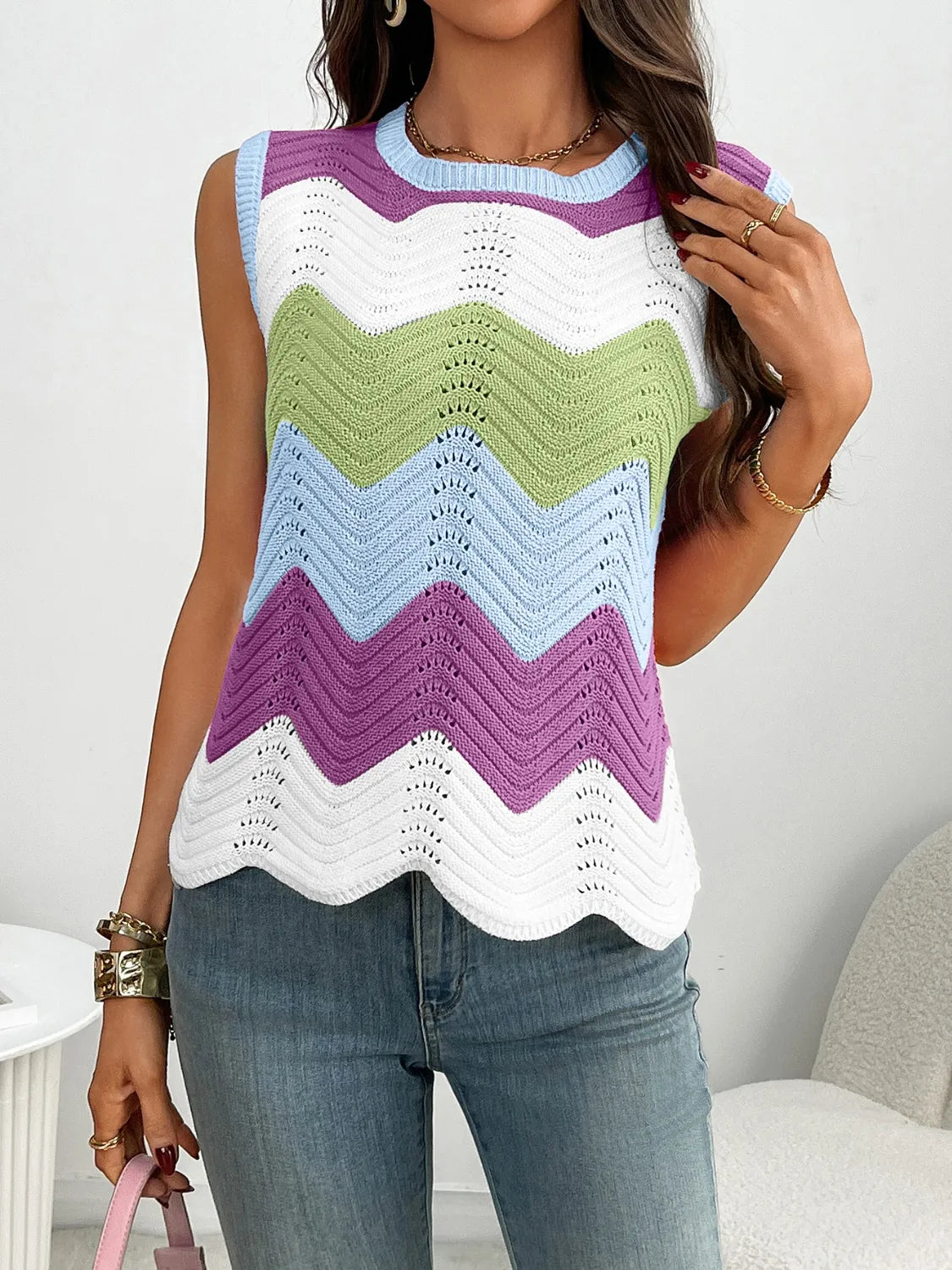 Color Block Round Neck Sweater Vest - adritiX