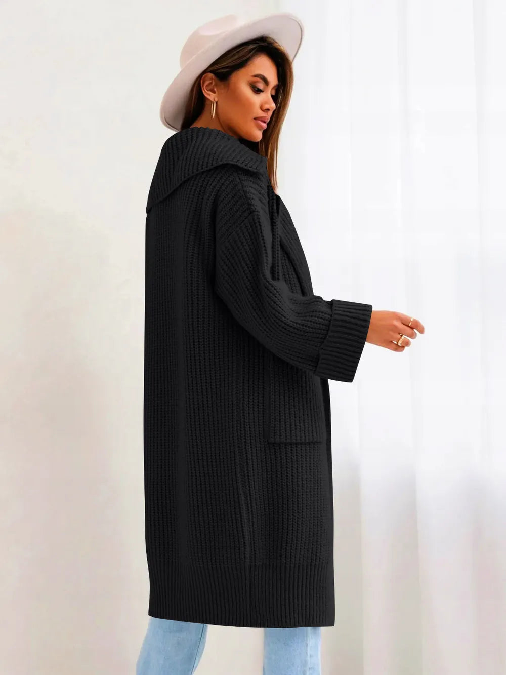 Pocketed Collared Neck Dropped Shoulder Cardigan - adritiX