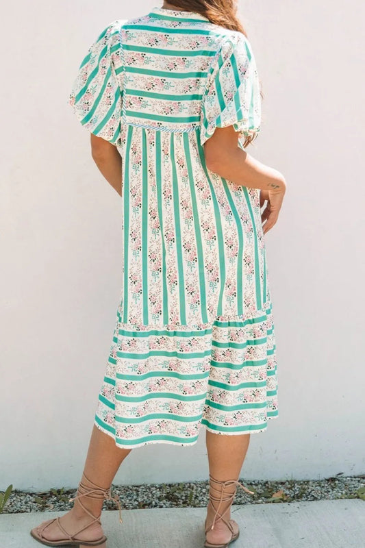 Striped Floral Print Tie Neck Puff Sleeve Midi Dress - adritiX