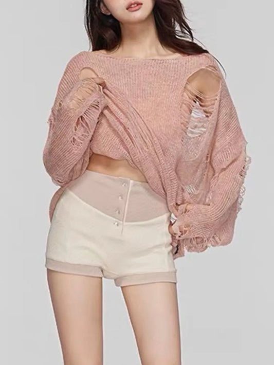 Distressed Boat Neck Knit Cover Up - adritiX