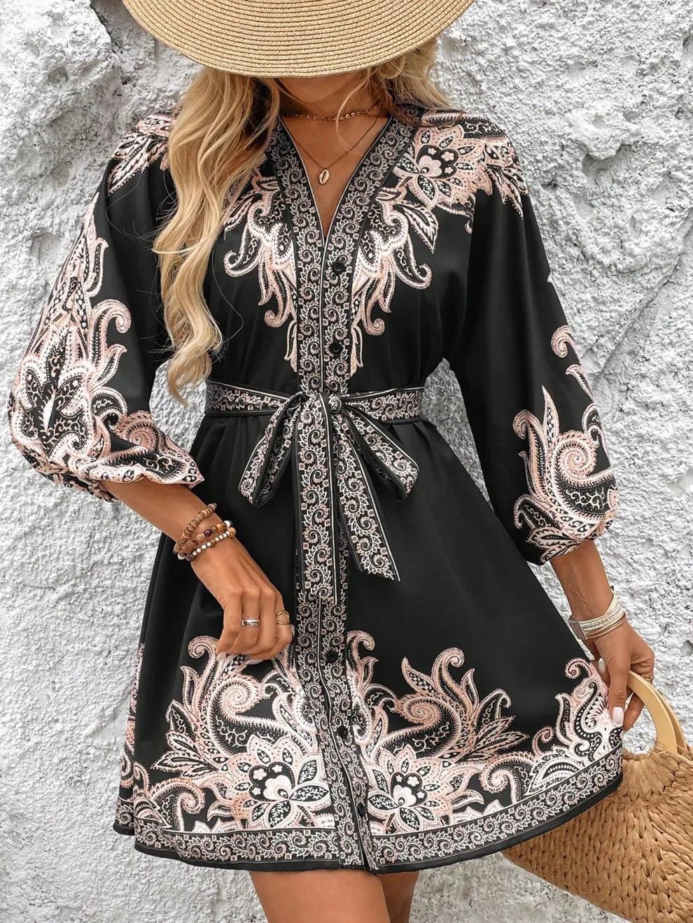 Paisley V-Neck 3/4 Sleeve Mini Dress - adritiX