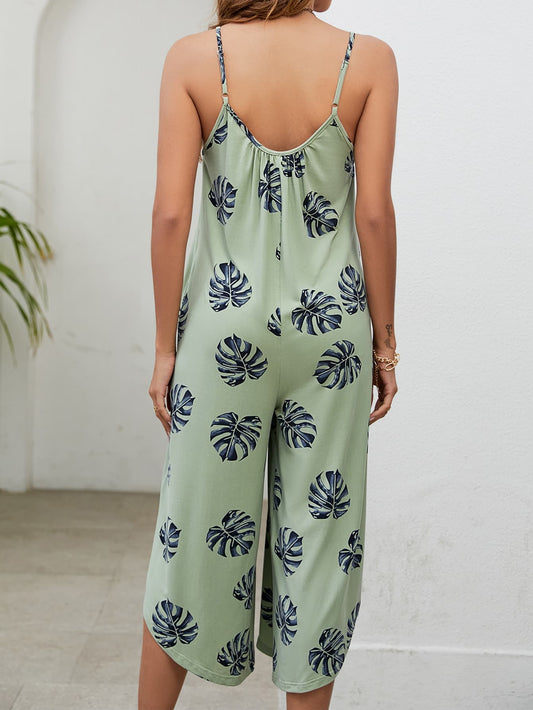 Elegant Botanical Print Spaghetti Strap Scoop Neck Jumpsuit - adritiX