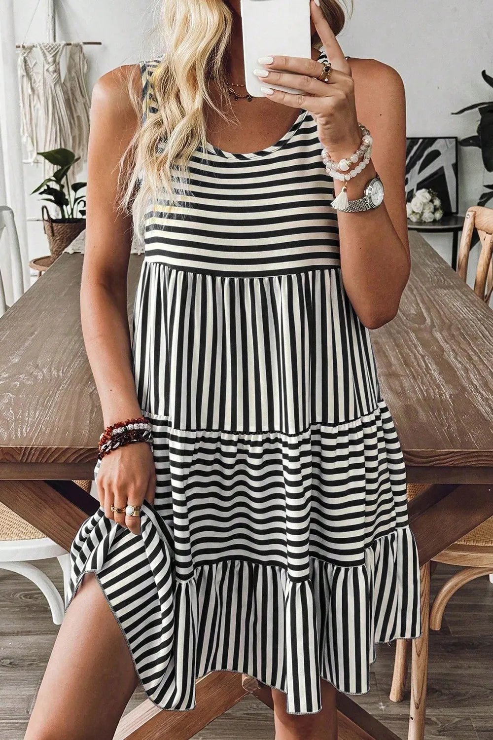 Striped Round Neck Sleeveless Mini Dress - adritiX