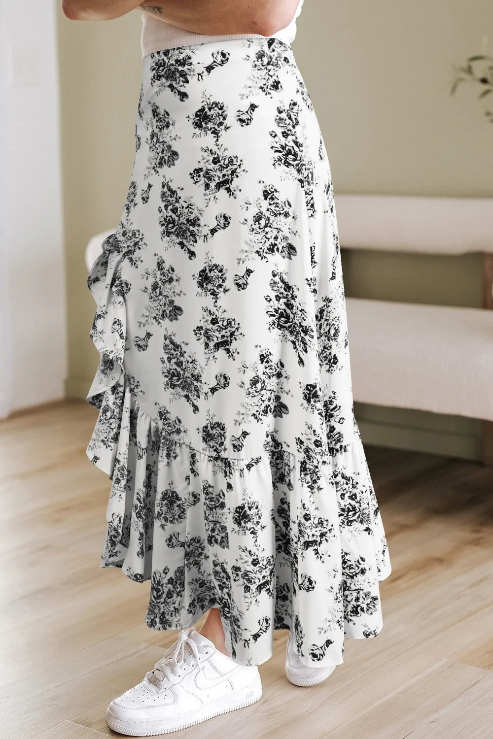 Boho Floral High Waist Ruffle Split Maxi Skirt - adritiX