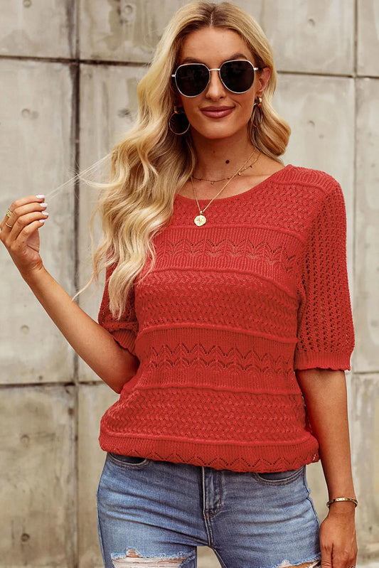 Elegant Openwork Round Neck Half Sleeve Knit Top - adritiX
