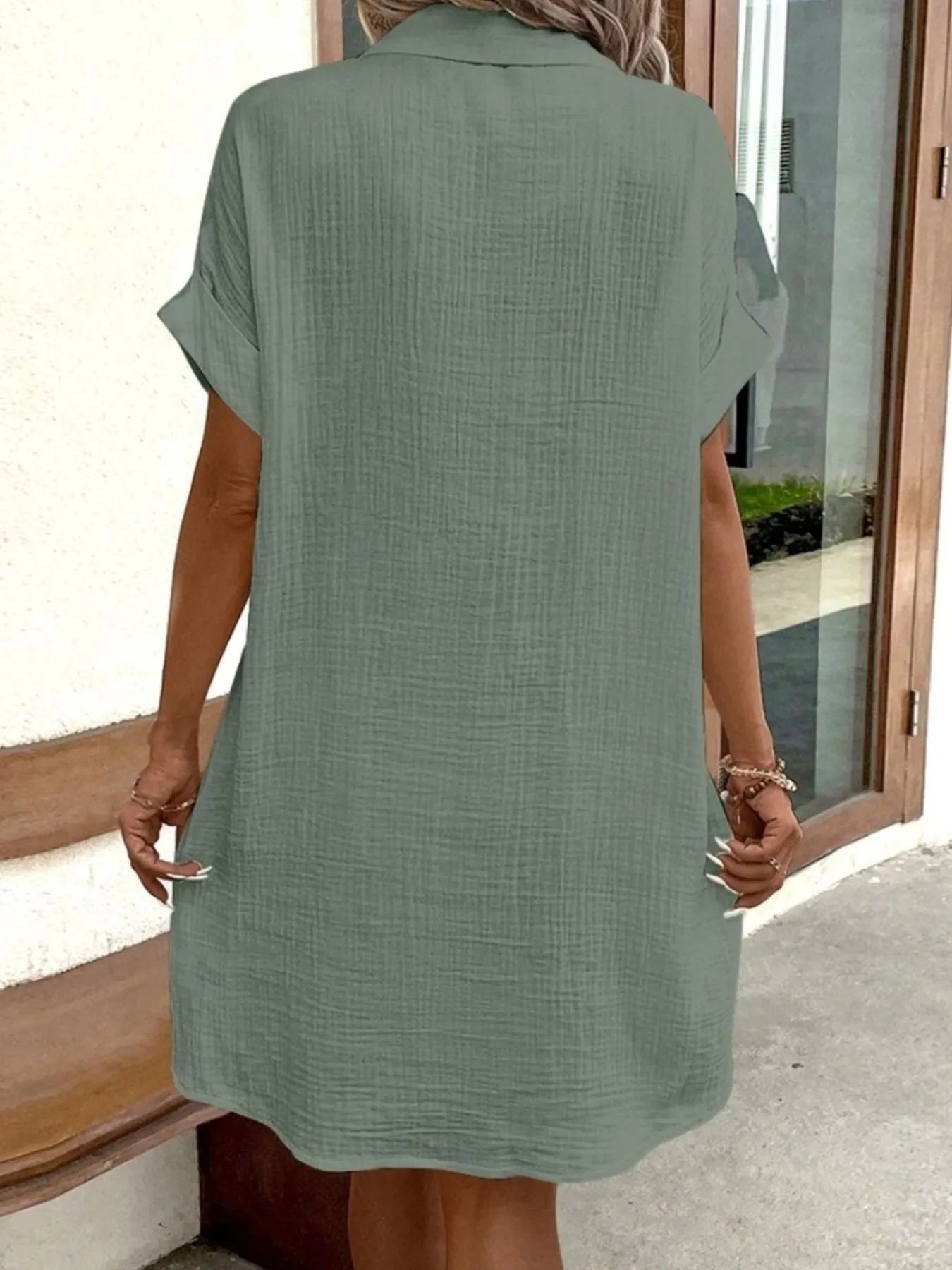 Casual Button Down Cotton Shirt Dress with Pockets - adritiX
