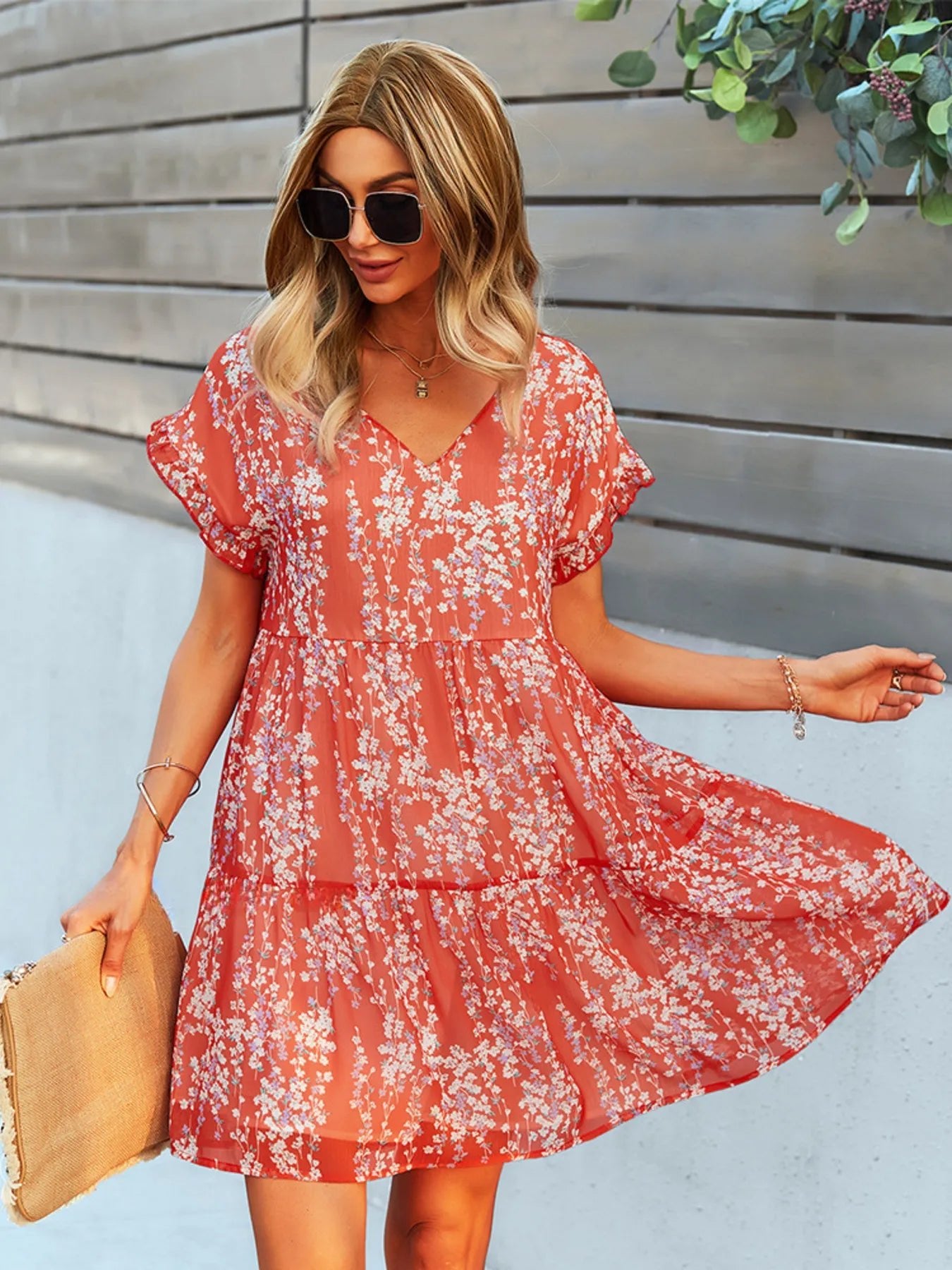 Floral Print V-Neck Ruffle Tiered Summer Mini Dress - adritiX
