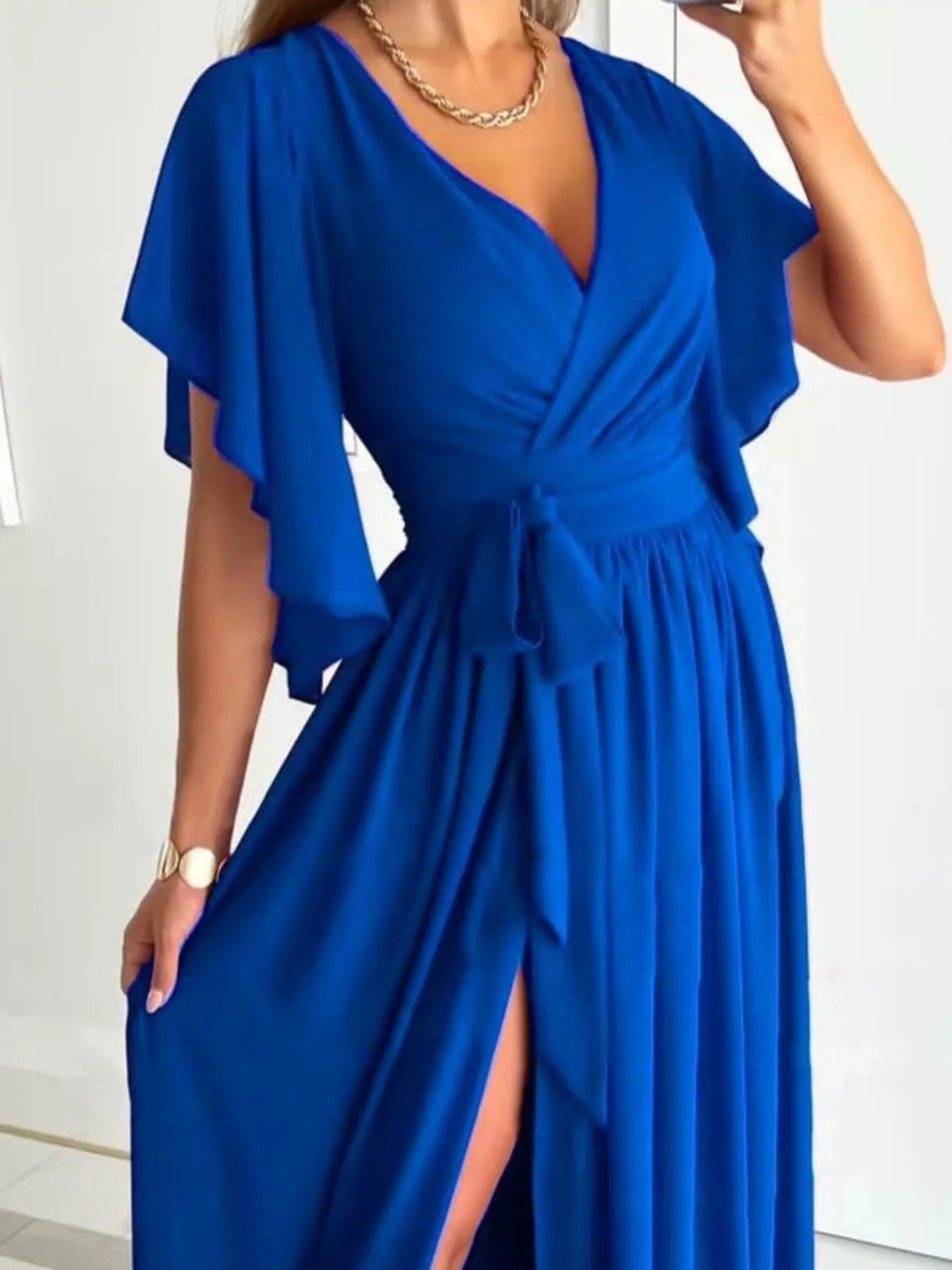 Flutter Sleeve Surplice Tie Waist Dress - adritiX