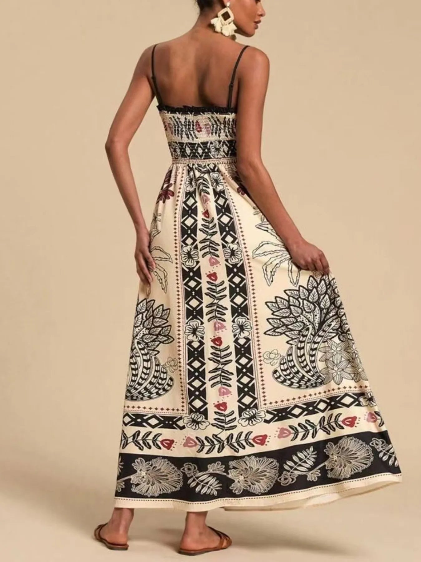 Elegant Smocked Printed Spaghetti Strap Maxi Summer Dress - adritiX