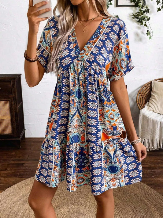 Printed V-Neck Short Sleeve Dress - adritiX