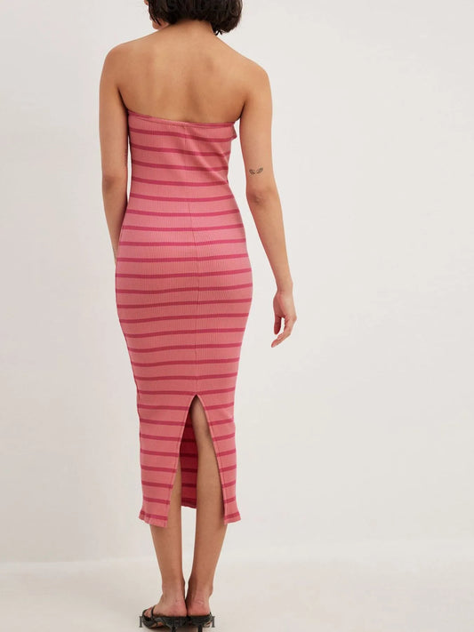 Slit Back Striped Strapless Bodycon Midi Dress - adritiX