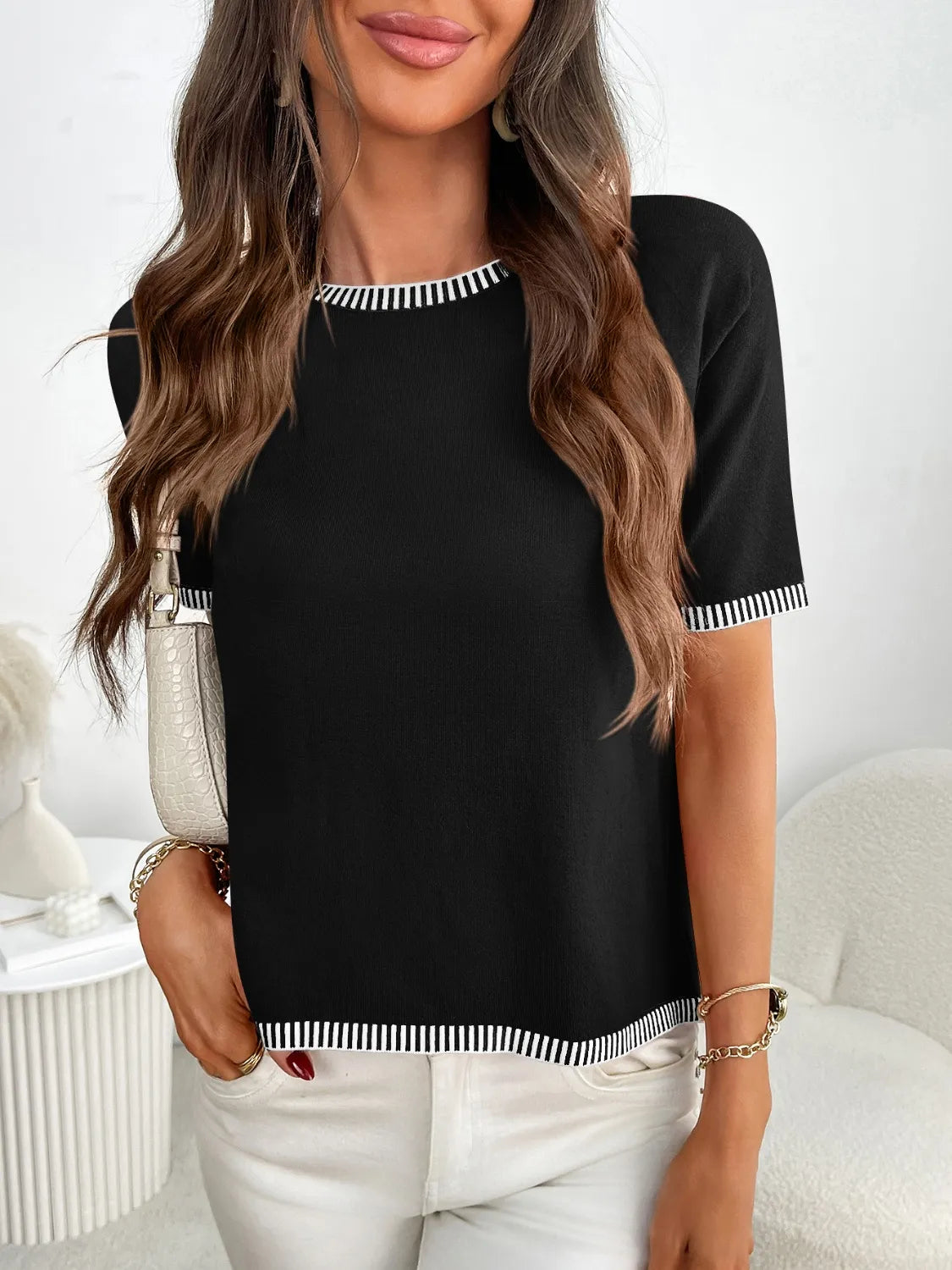Short Sleeve Round Neck Knit Top - adritiX