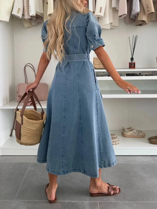 Puff Sleeve Button Down Belted Denim Midi Dress - adritiX