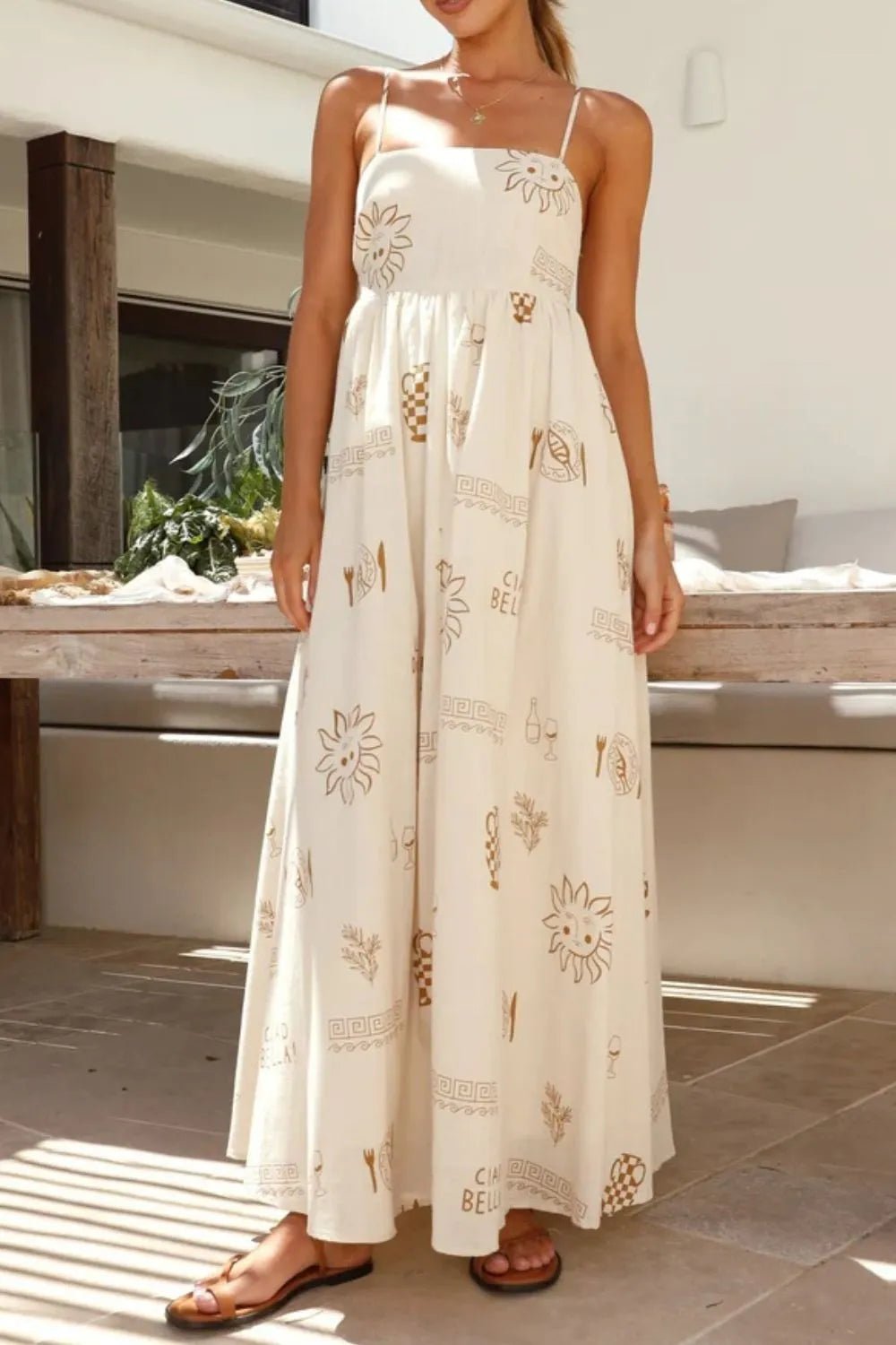 Cutout Back Printed Square Neck Maxi Cami Dress - adritiX