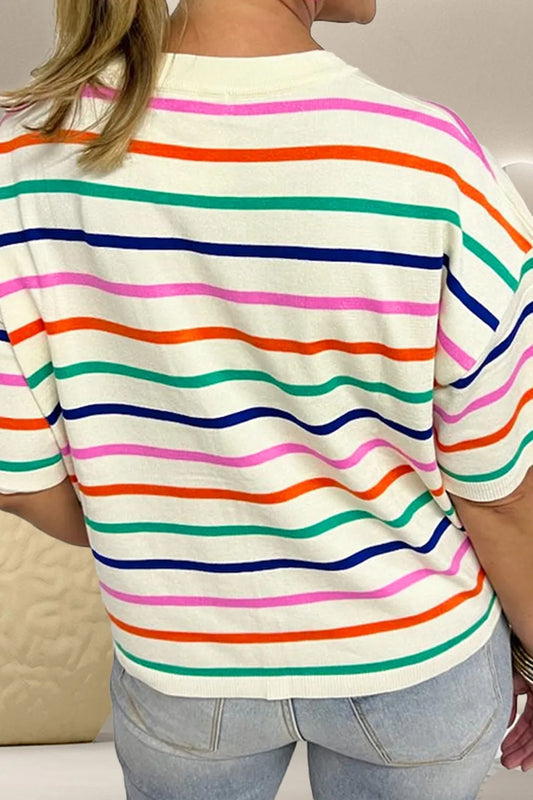 Striped Round Neck Half Sleeve Knit Top - adritiX