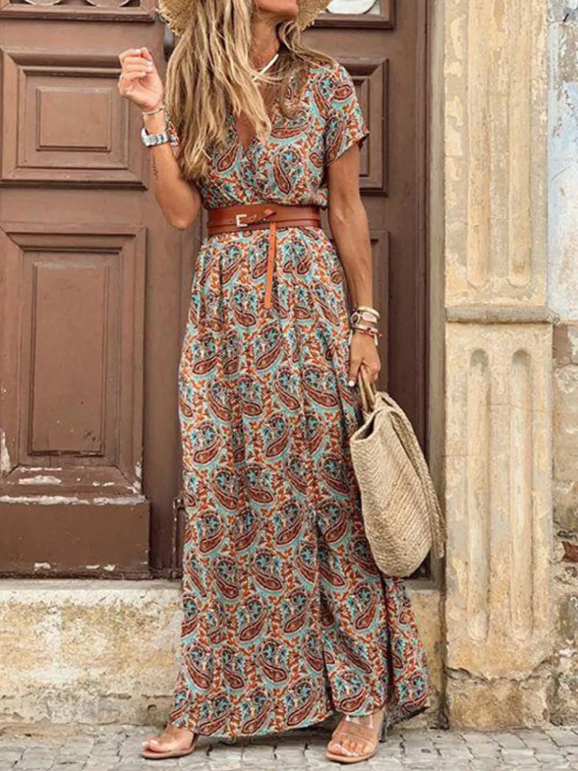 Full Size Printed V-Neck Short Sleeve Maxi Dress Plus Size - adritiX
