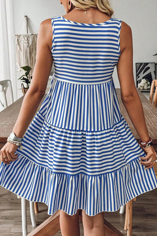 Striped Round Neck Sleeveless Mini Dress - adritiX