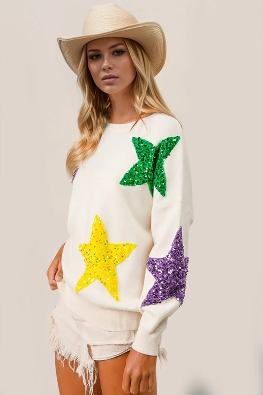 Double Take Sequin Star Round Neck Dropped Shoulder Sweater - adritiX