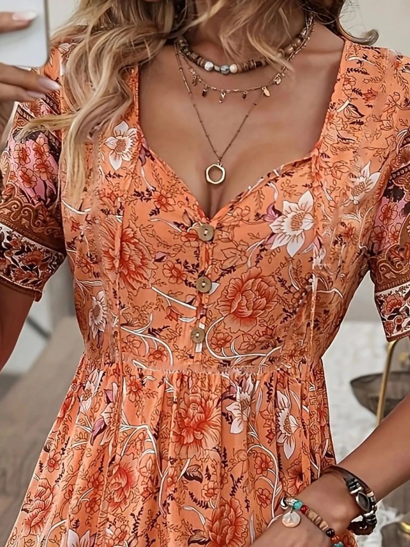 Printed Tie Neck Short Sleeve Summer Dress - adritiX