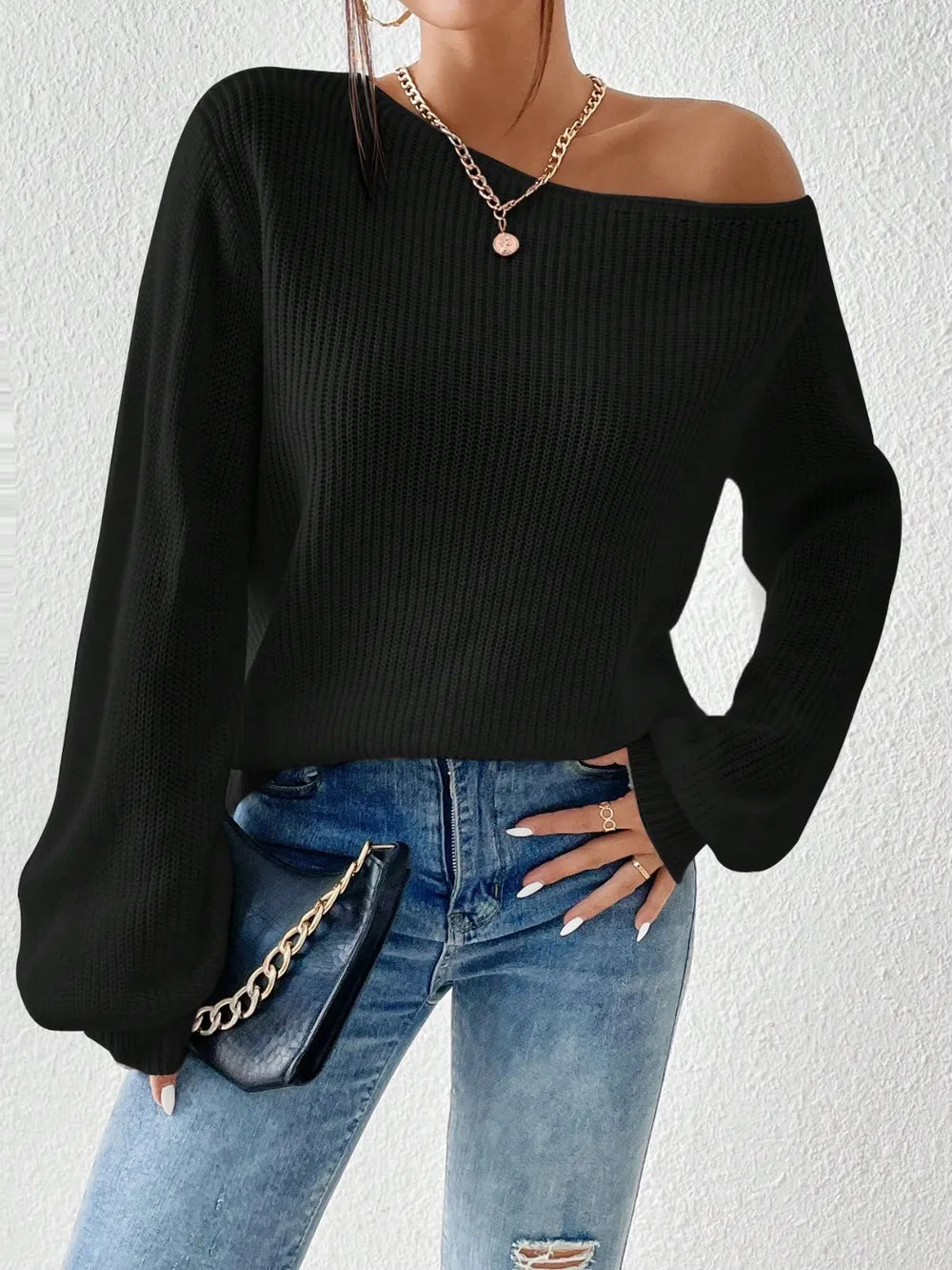 Elegant Honey Single Shoulder Long Sleeve Sweater - adritiX