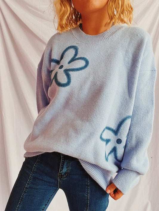 Flower Round Neck Long Sleeve Sweater - adritiX
