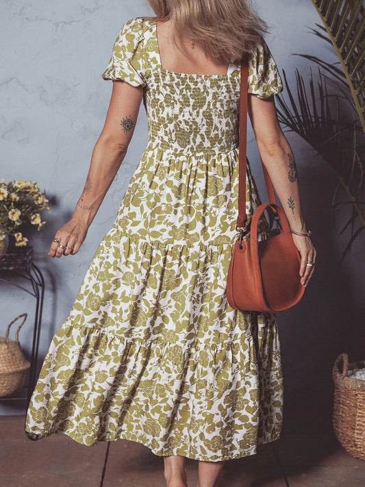 Boho Floral Square Neck Smocked Bust Puff Sleeve Tiered Dress - adritiX