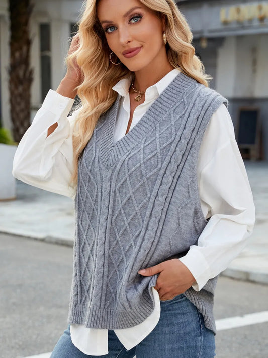 Cable Knit V-Neck Sweater Vest - adritiX
