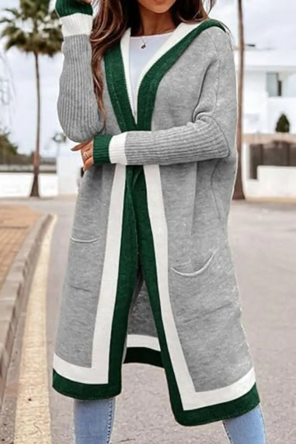 Pocketed Contrast Long Sleeve Hooded Cardigan - adritiX