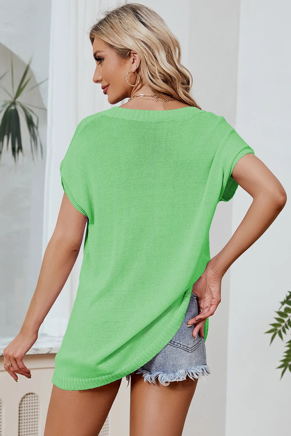 Color Block V-Neck Short Sleeve Knit Top - adritiX
