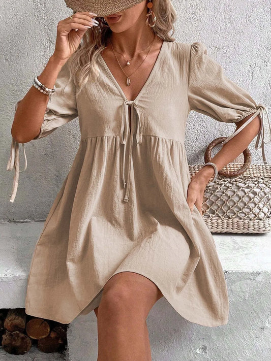 V-Neck Tie-Front Mini Dress with Puff Sleeves - adritiX