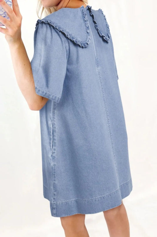 Peter Pan Collar Short Sleeve Denim Dress - adritiX