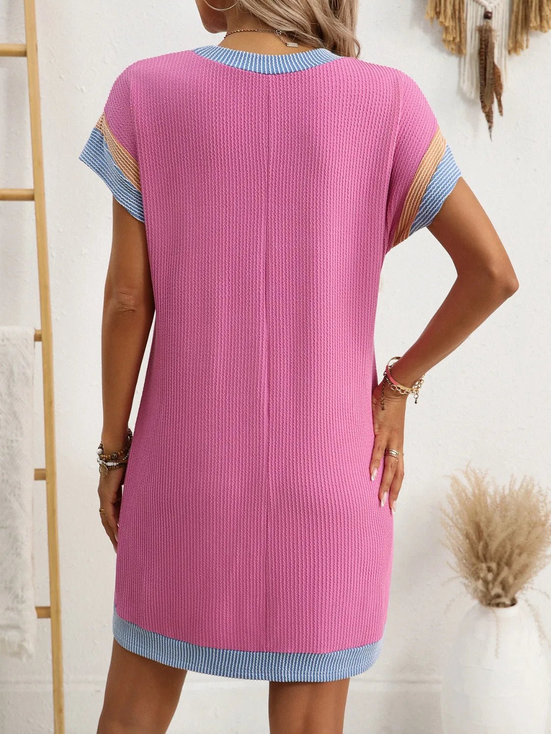 Round Neck Short Sleeve Mini Dress - adritiX
