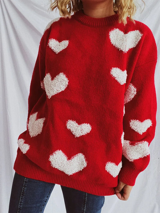 Heart Round Neck Dropped Shoulder Sweater - adritiX