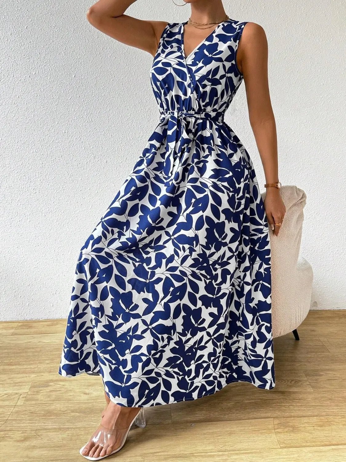 Printed Surplice Sleeveless Maxi Dress - adritiX