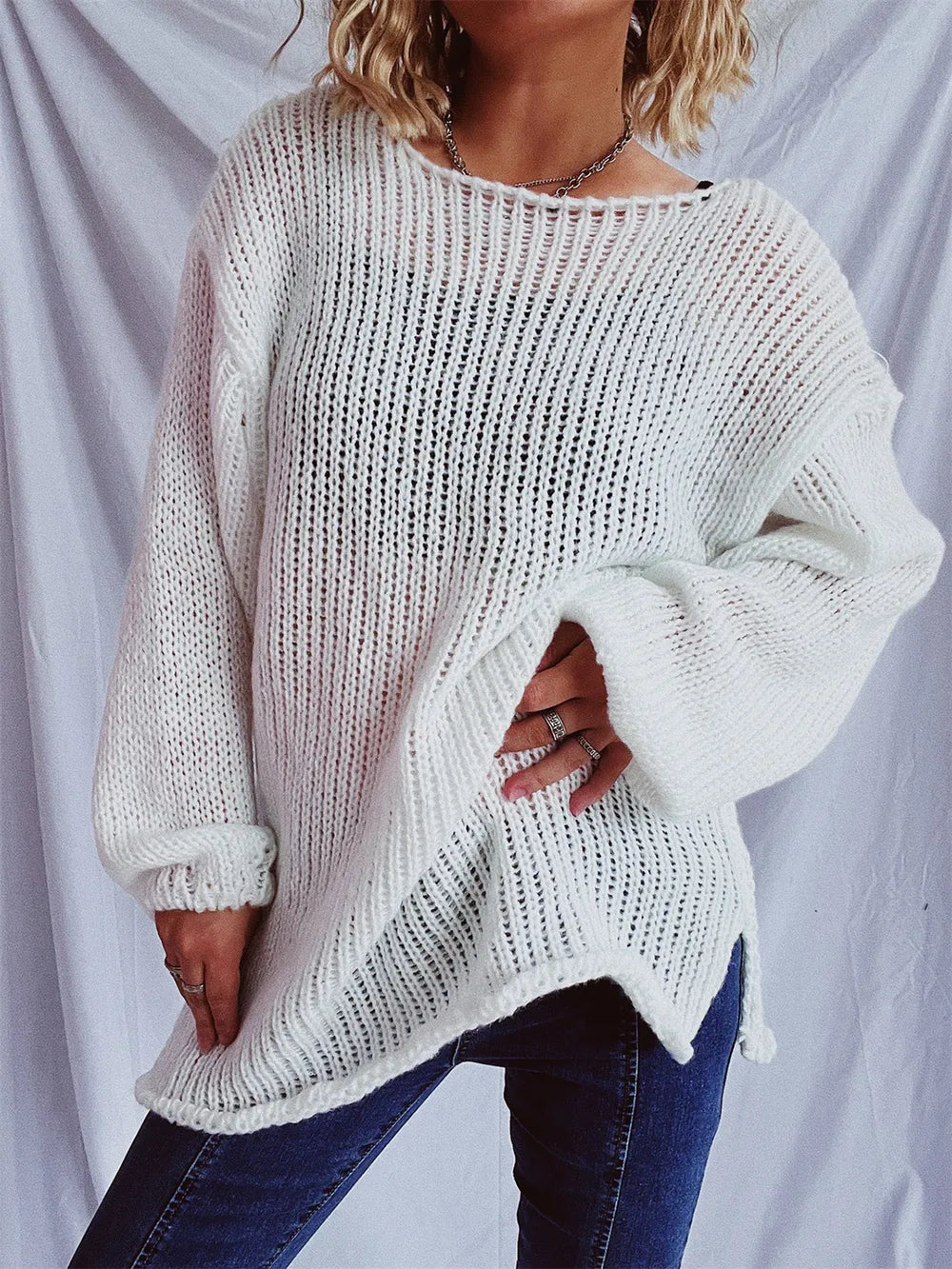 Boat Neck Dropped Shoulder Sweater - adritiX