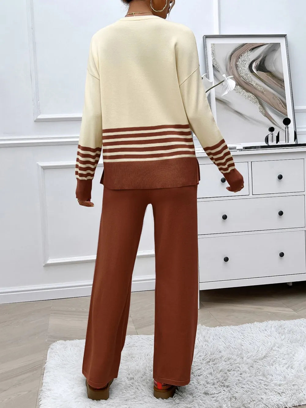 Elegant Devine Slit Striped Round Neck Top and Pants Sweater Set - adritiX