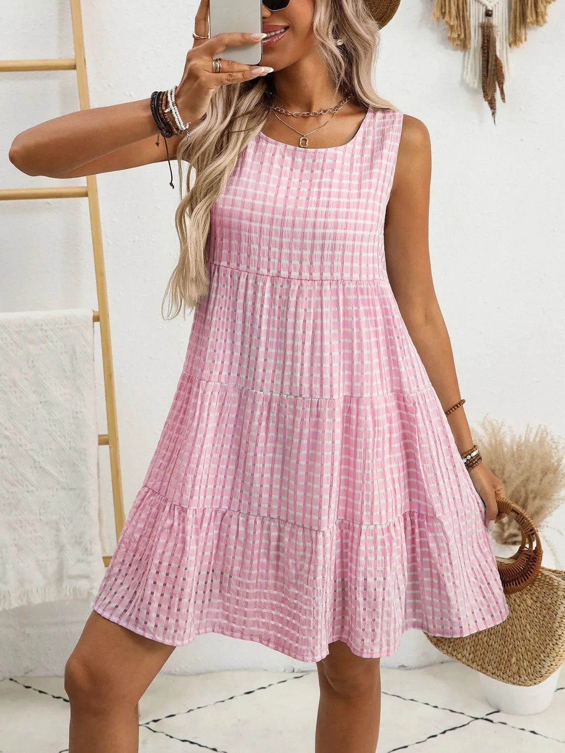 Plaid Round Neck Sleeveless Mini Dress - adritiX