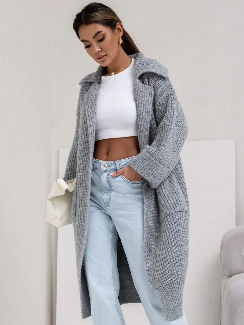 Pocketed Collared Neck Dropped Shoulder Cardigan - adritiX