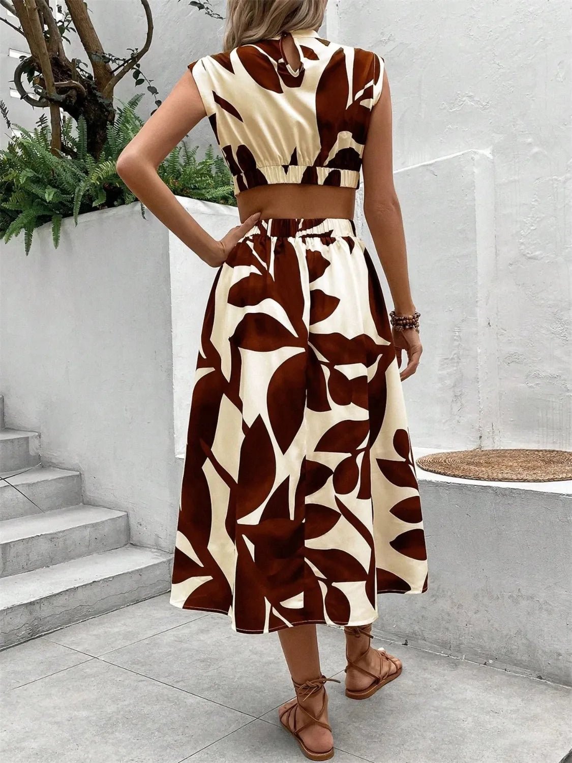 Cutout Printed Cap Sleeve Midi Dress - adritiX
