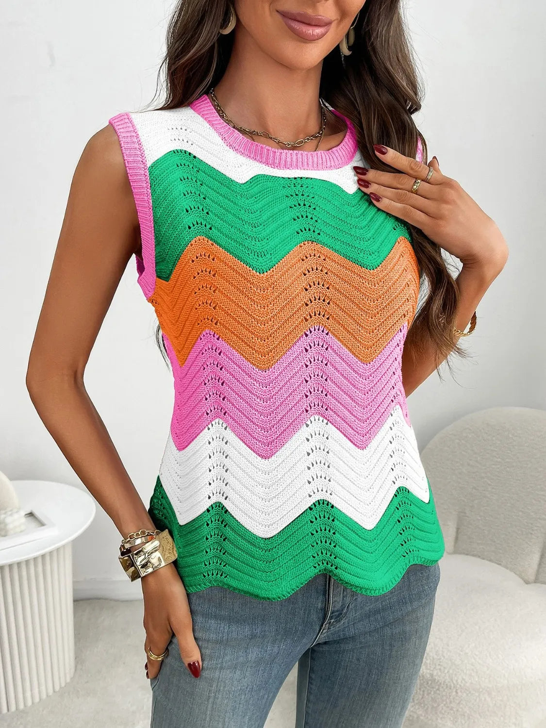 Color Block Round Neck Sweater Vest - adritiX